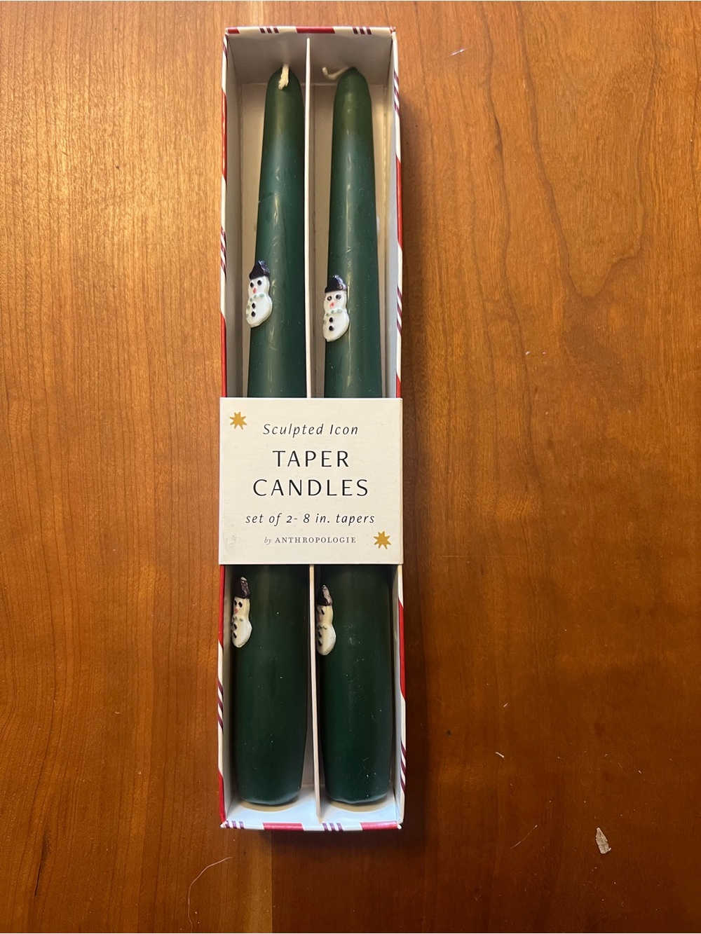 Anthropologie Dark Green Taper Candles with Snowman Accents